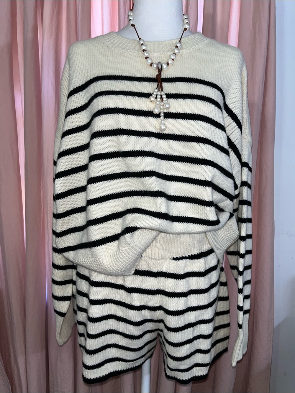 Cream & Black Striped Crewneck Sweater and Short Set